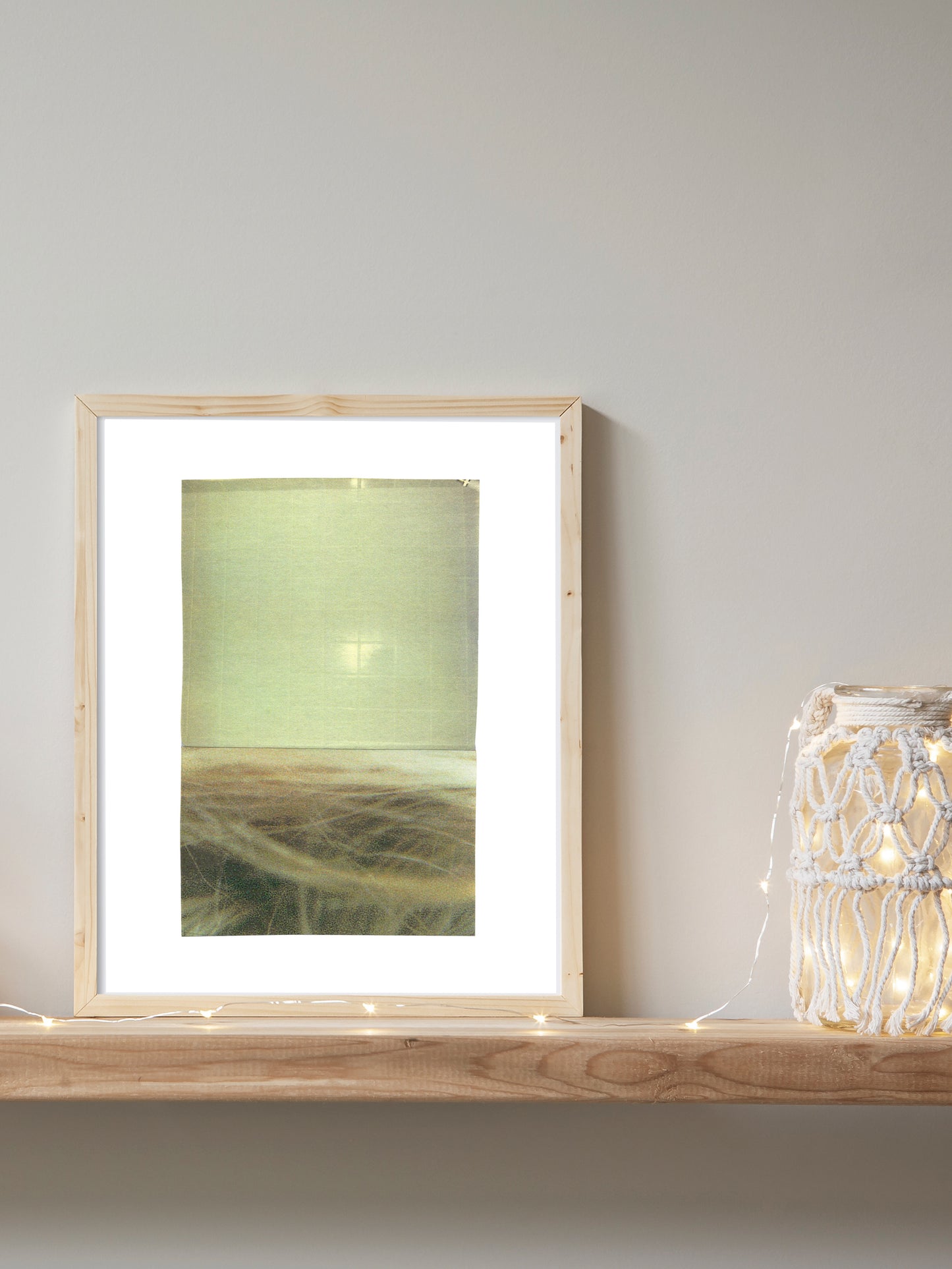 Yellowish green abstract photographic collage art with textures in a wood frame.