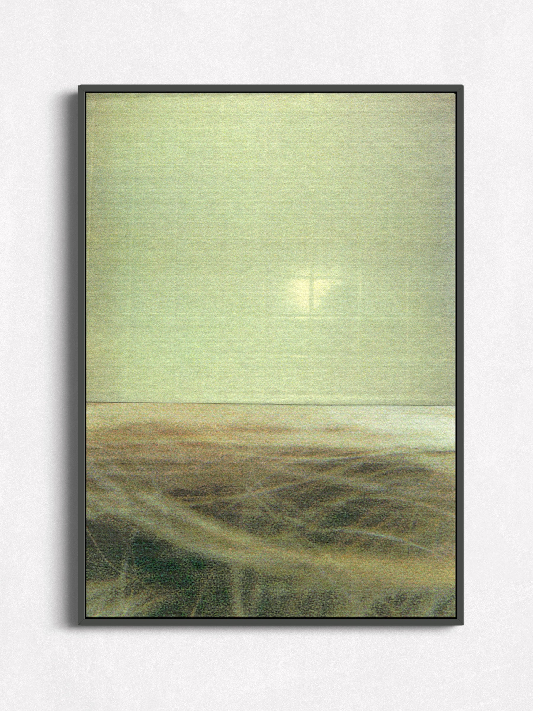 Yellow green abstract photographic collage art with textures in a black floater frame.