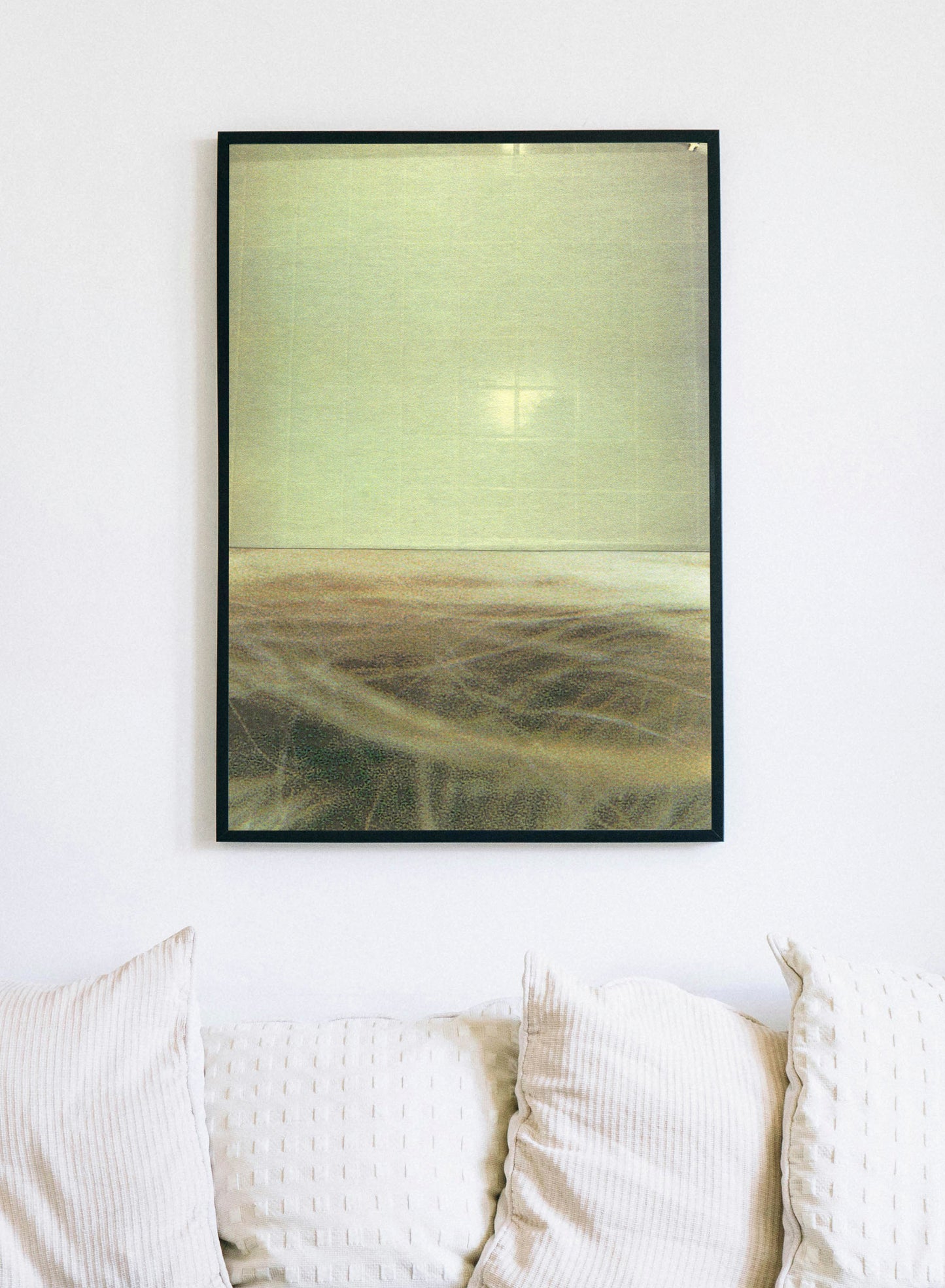 Framed Yellowish green abstract photographic collage art with textures.