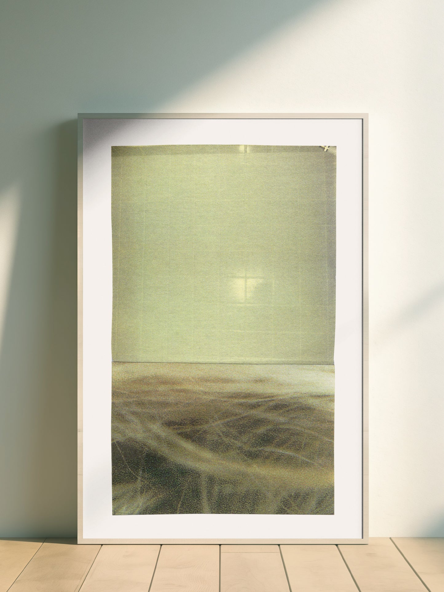 Yellowish green abstract photographic collage art with textures in a frame.