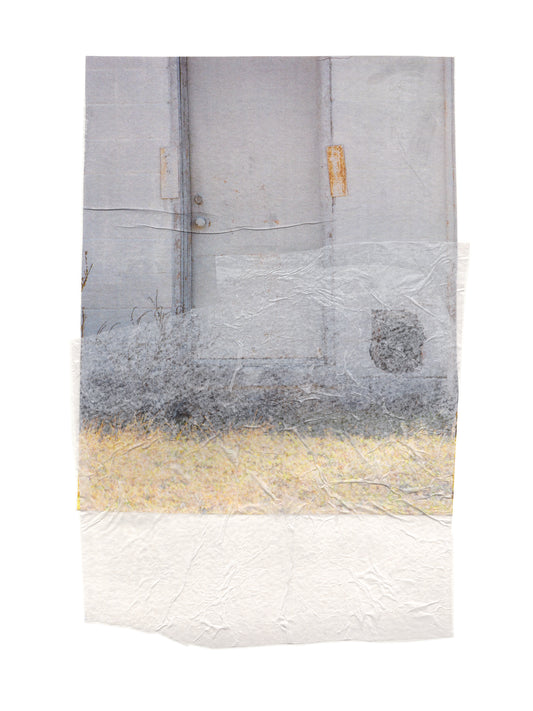 Abstract collage with soft earth tones and a textured surface.