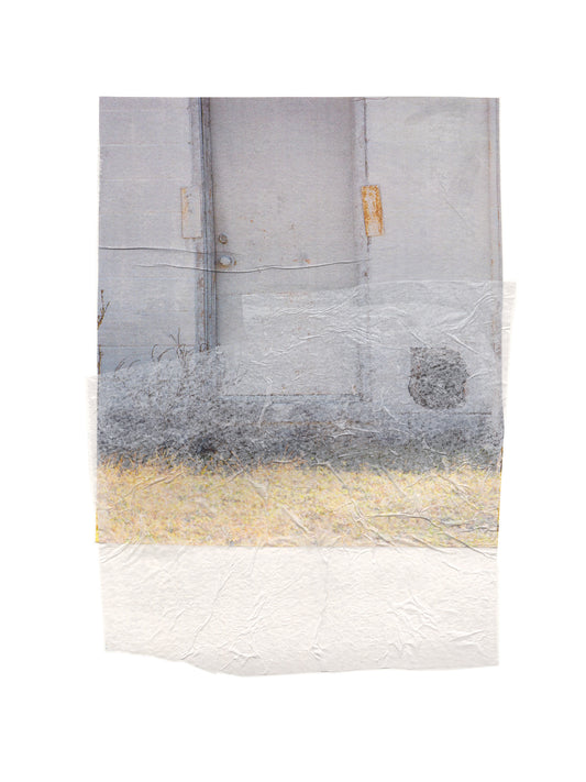 Abstract collage with soft earth tones and a textured surface.