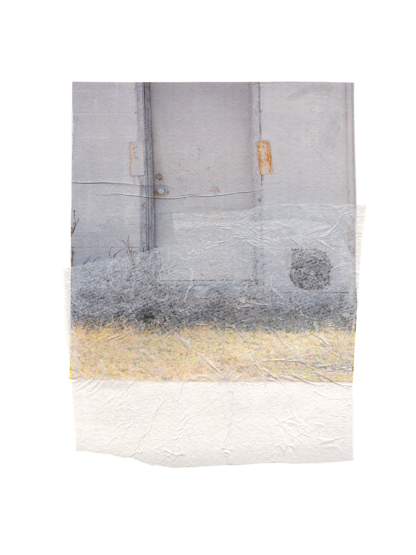 Abstract collage with soft earth tones and a textured surface.