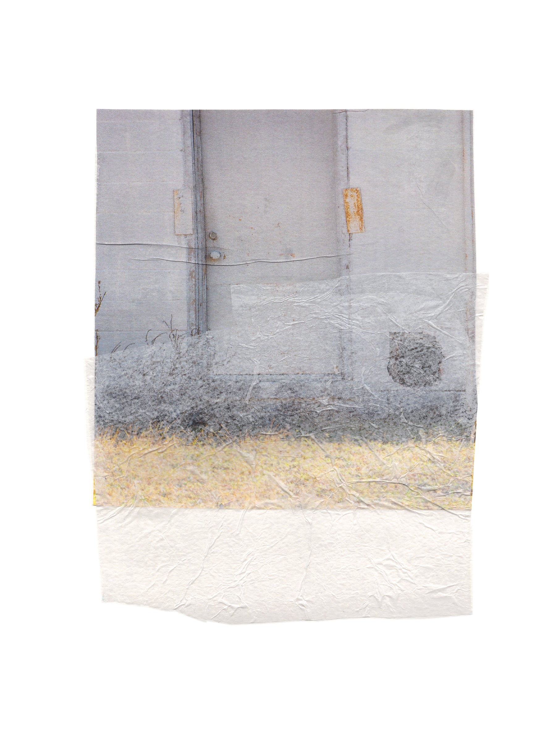 Abstract collage with soft earth tones and a textured surface.