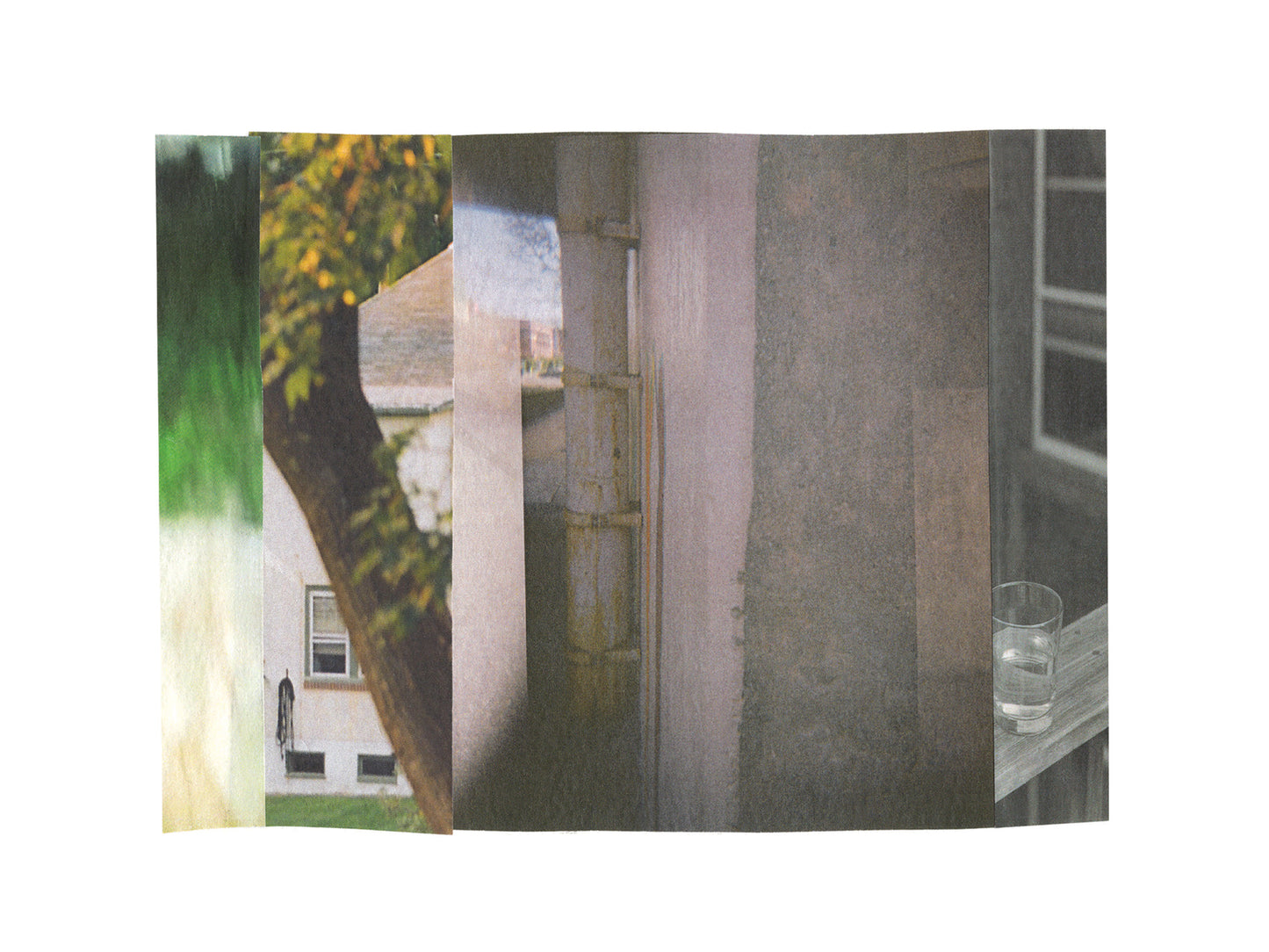 Abstract photo collage with gray tones and green nature imagery.