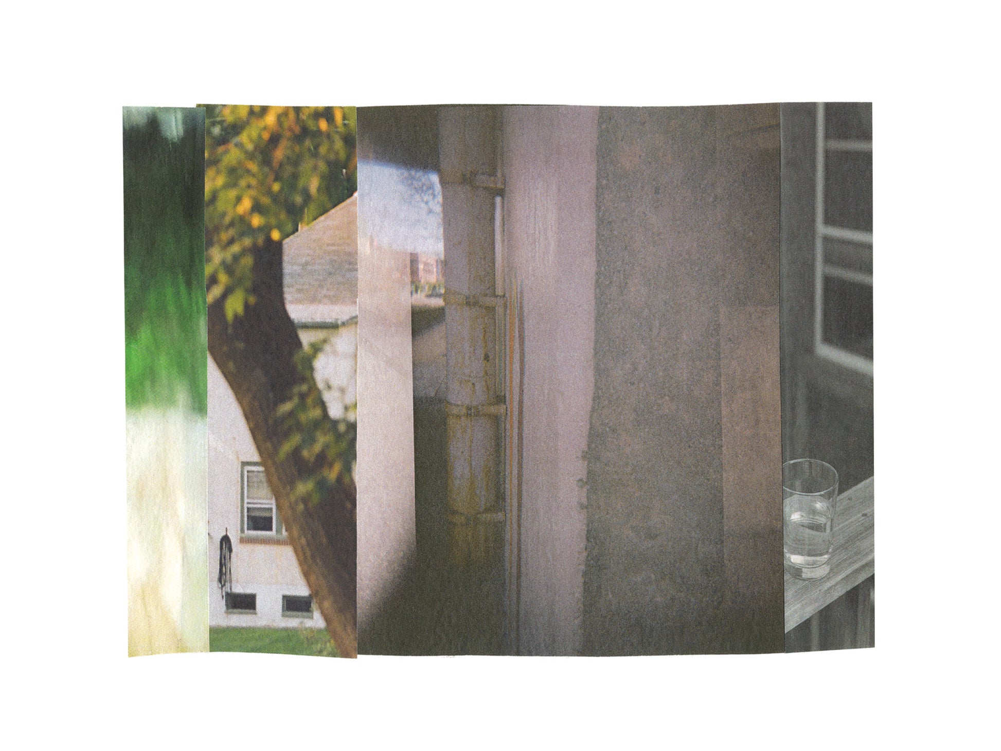Abstract photo collage with gray tones and green nature imagery.