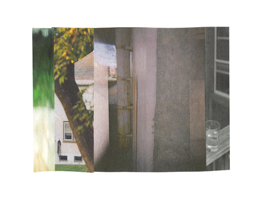 Abstract photo collage with gray tones and green nature imagery.