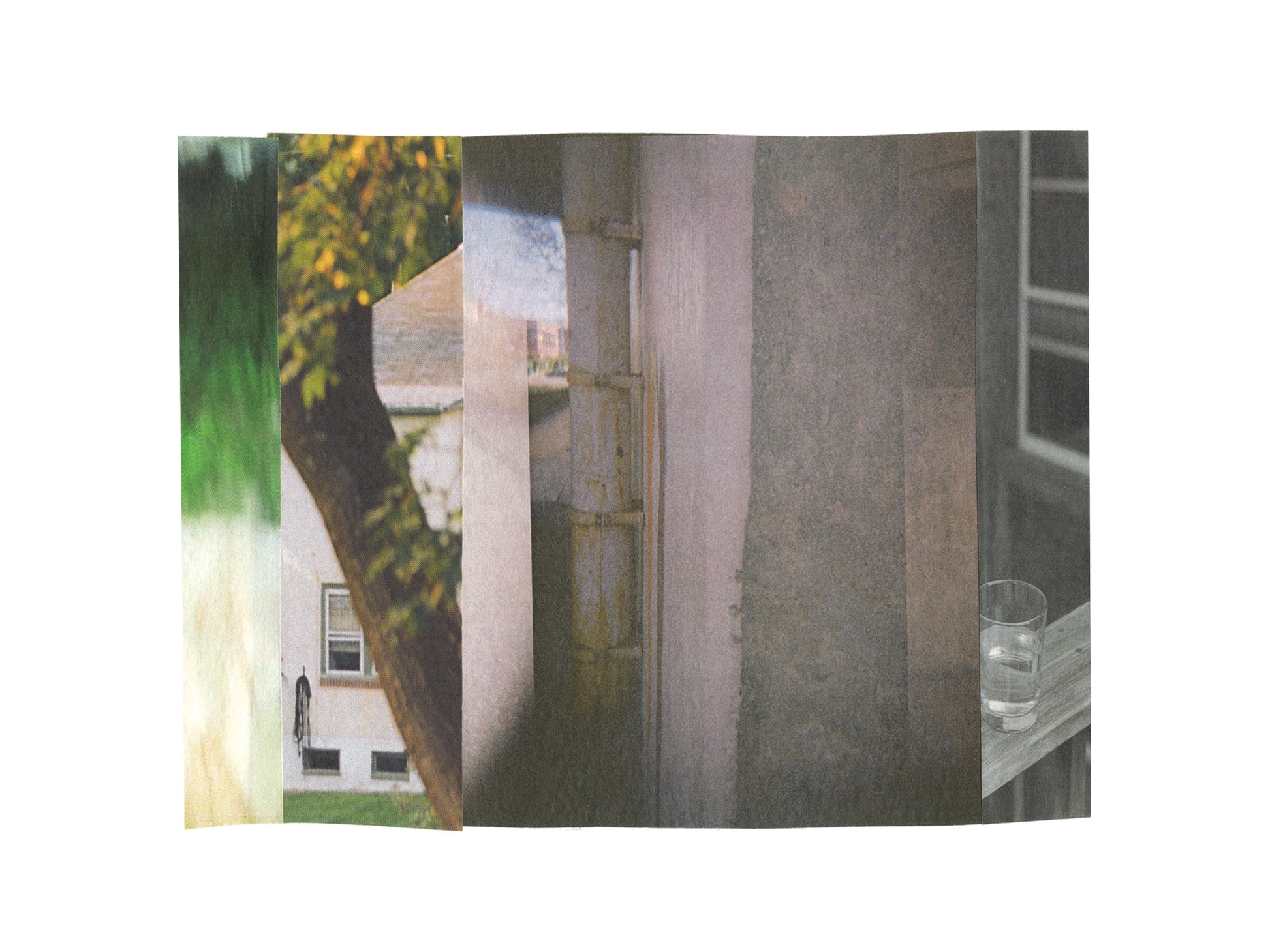 Abstract photo collage with gray tones and green nature imagery.