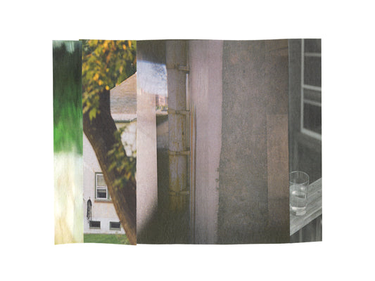 Abstract photo collage with gray tones and green nature imagery.
