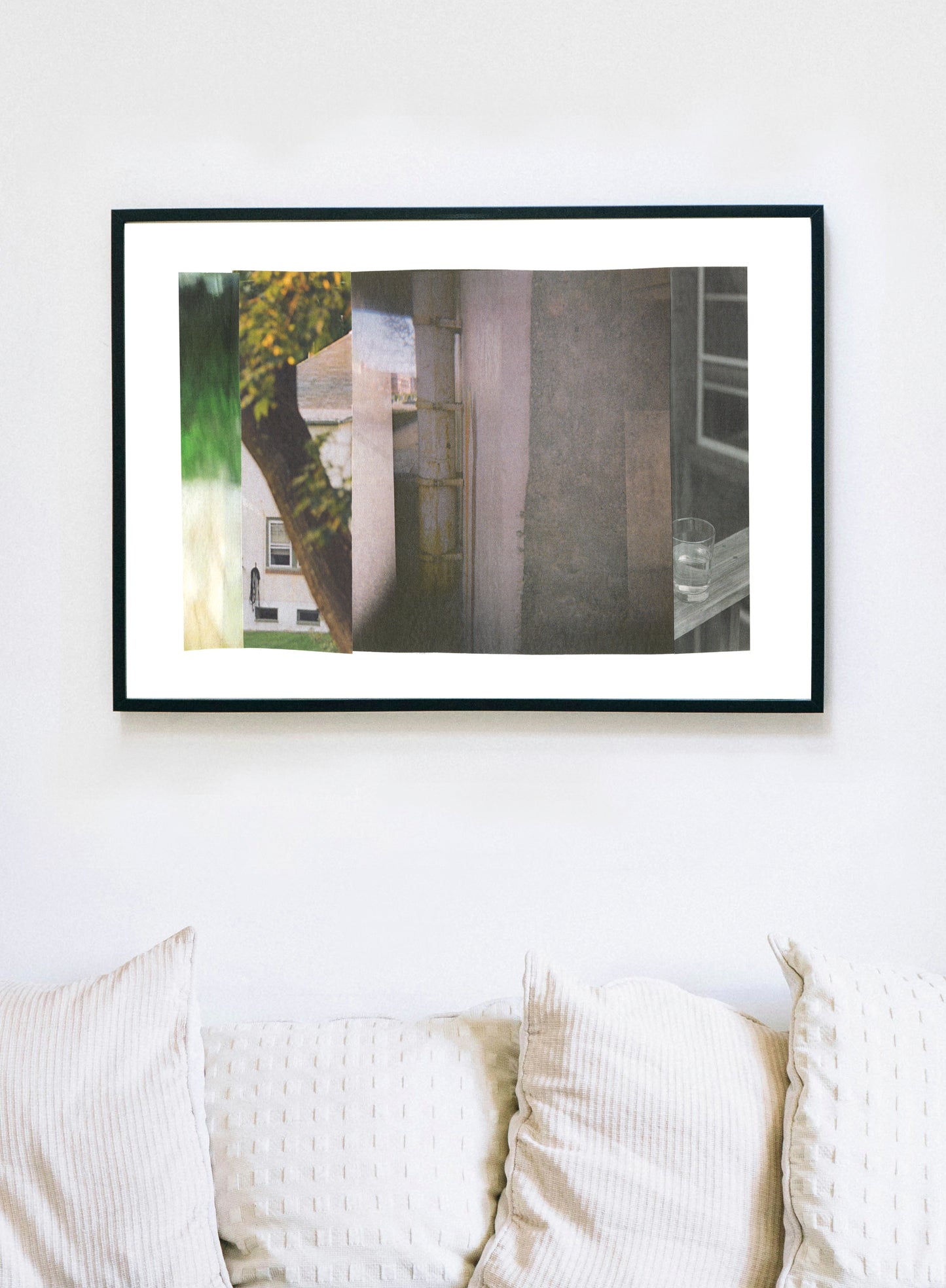 Framed abstract photo collage with gray tones and green nature imagery.