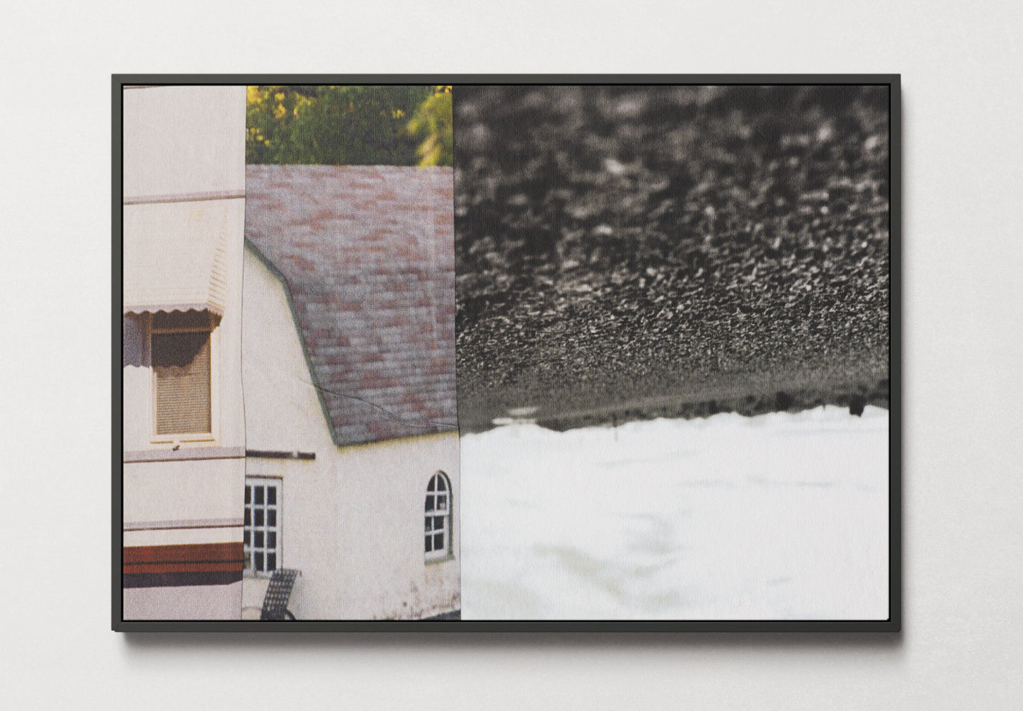 Framed canvas print of abstract photo collage with windows and landscape themes.