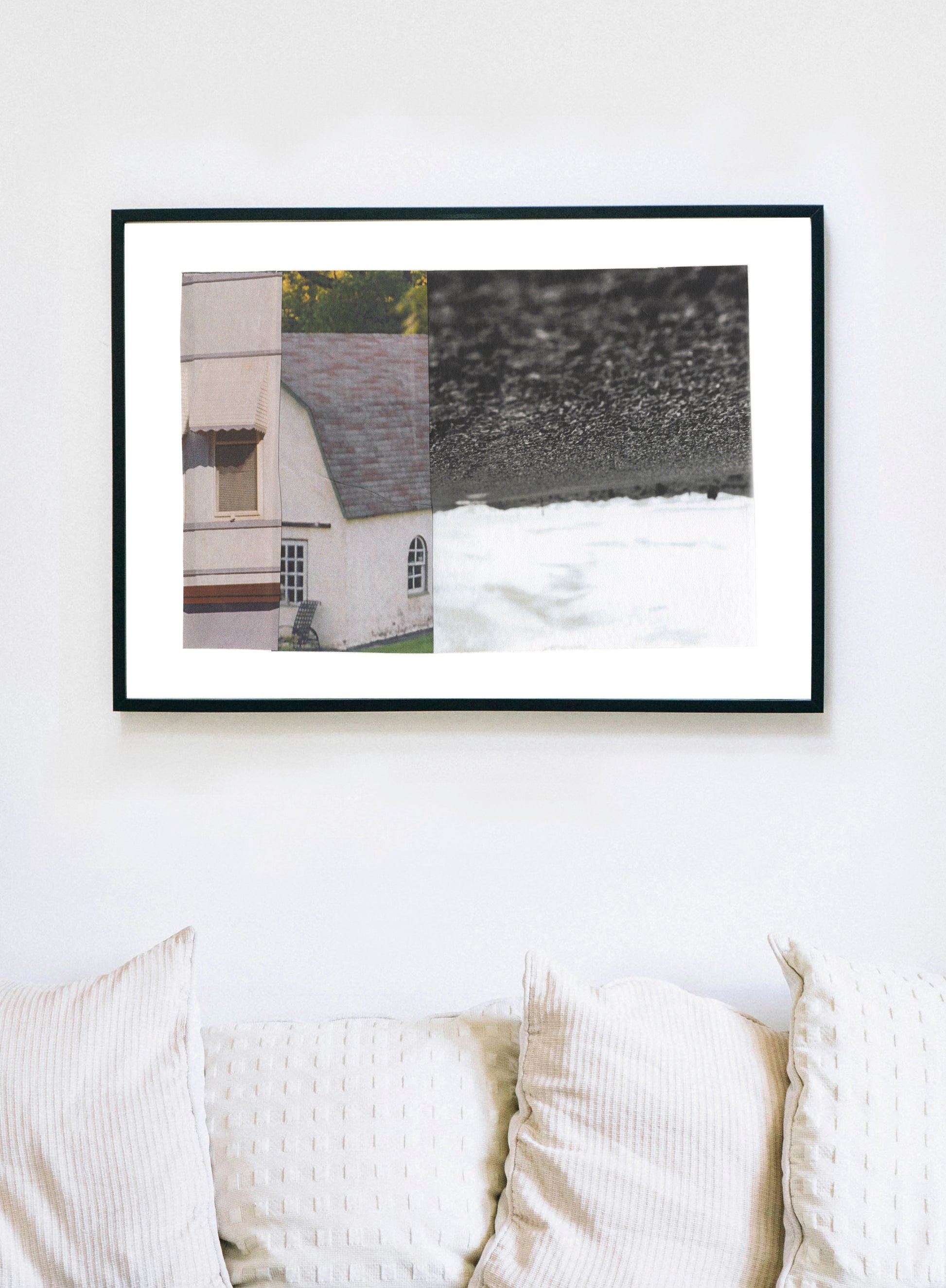 Abstract photo collage with windows and landscape themes in a black frame.