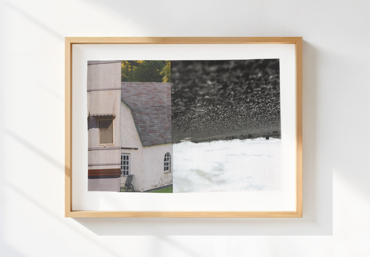 Framed print of abstract photo collage with windows and landscape themes.