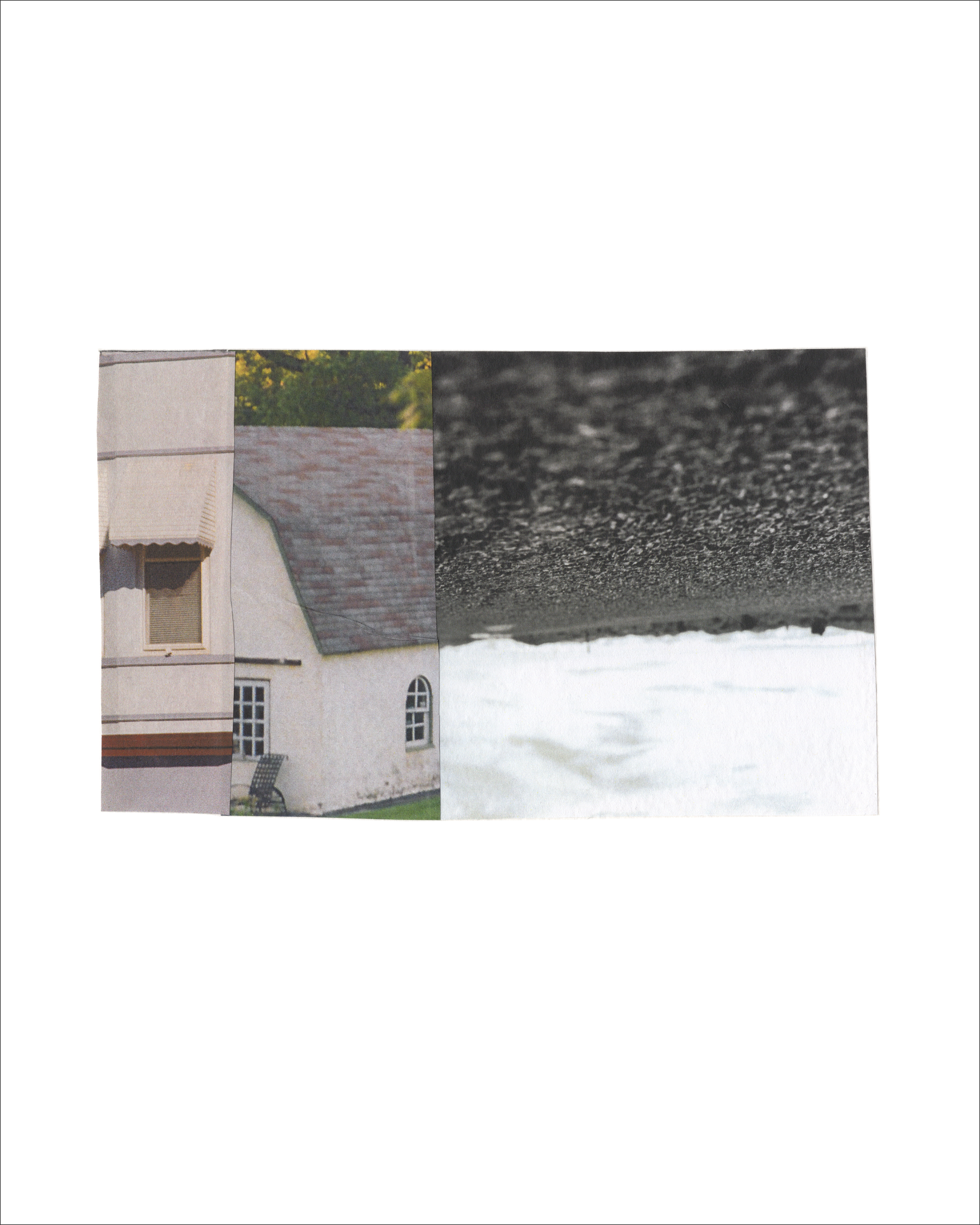 A collage composed of three vertical photographic sections. On the left, a close-up of a cream-colored building with a striped awning and window. The center features a quaint white house with a steep roof and arched window, partially obscured by trees. The right section is an upside-down, black and white photo of a rough asphalt surface and white expanse of sky and clouds, resembling a reflection or abstract landscape. 