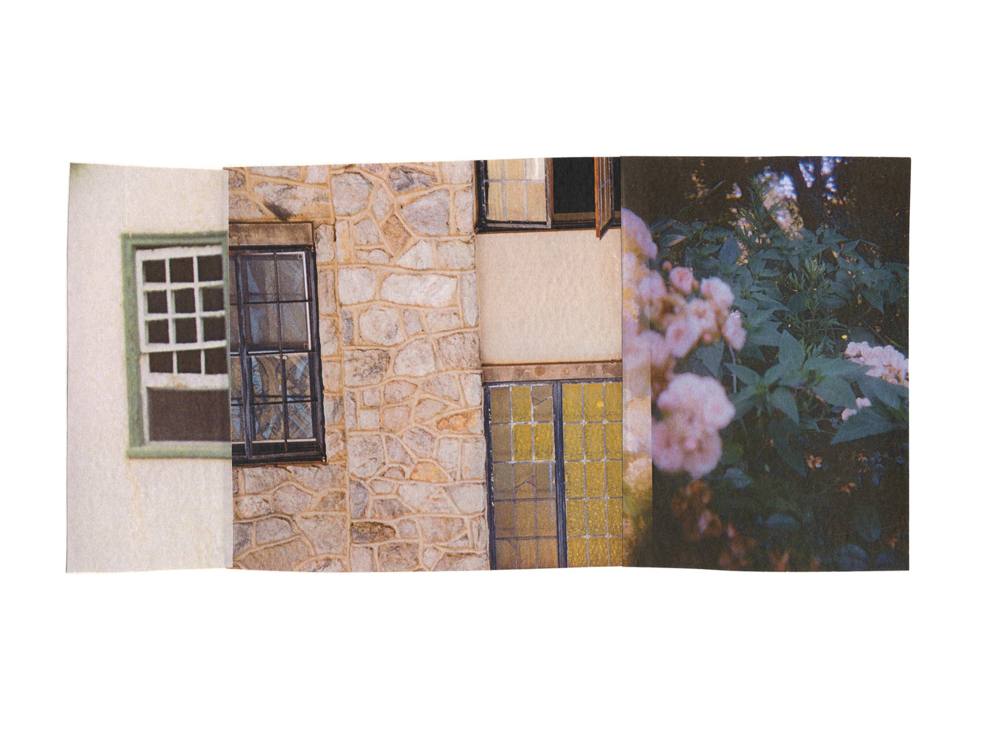 Pink, green, and cream collage of a stone wall with windows, a door, and flowers.