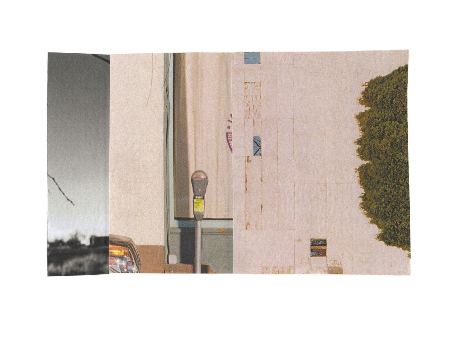 Mixed media collage with urban and nature imagery and neutral tones.