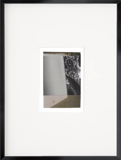 Framed abstract photo collage with botanical leaf shadows in black and white layered with soft neutral architectural elements and muted tones.