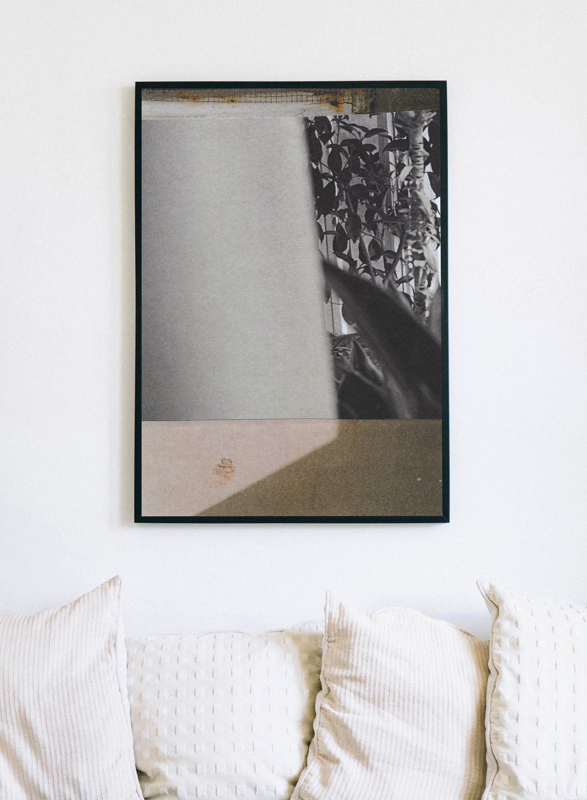 Framed black and white abstract mixed media collage art with leafy plants.