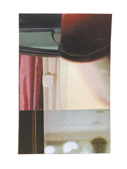 Abstract collage with geometric shapes and burgundy, cream, and black tones.