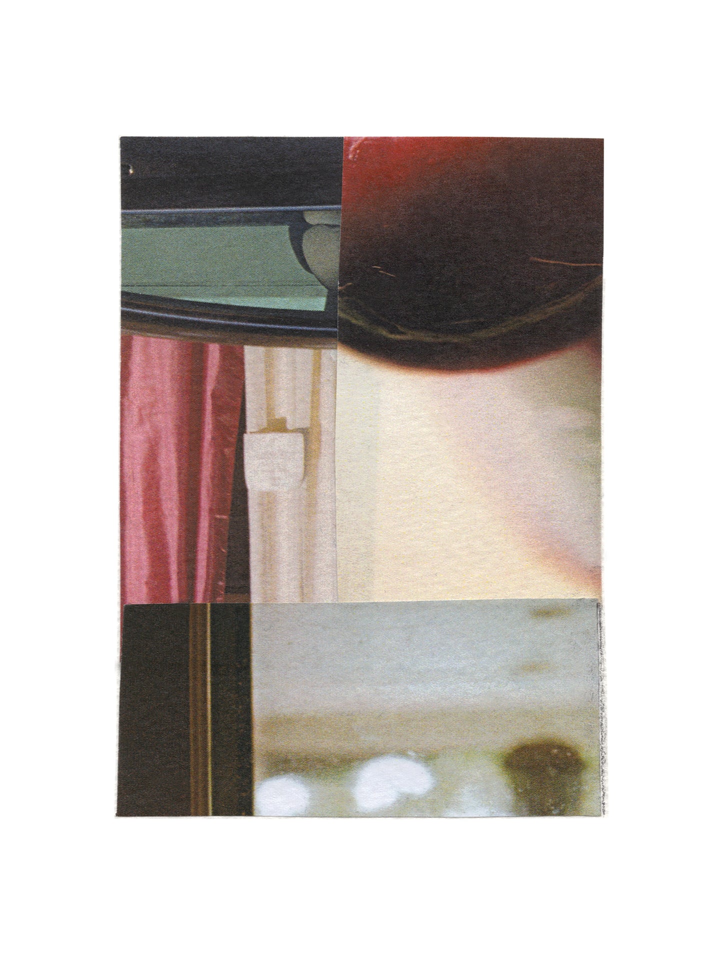 Abstract collage with geometric shapes and burgundy, cream, and black tones.