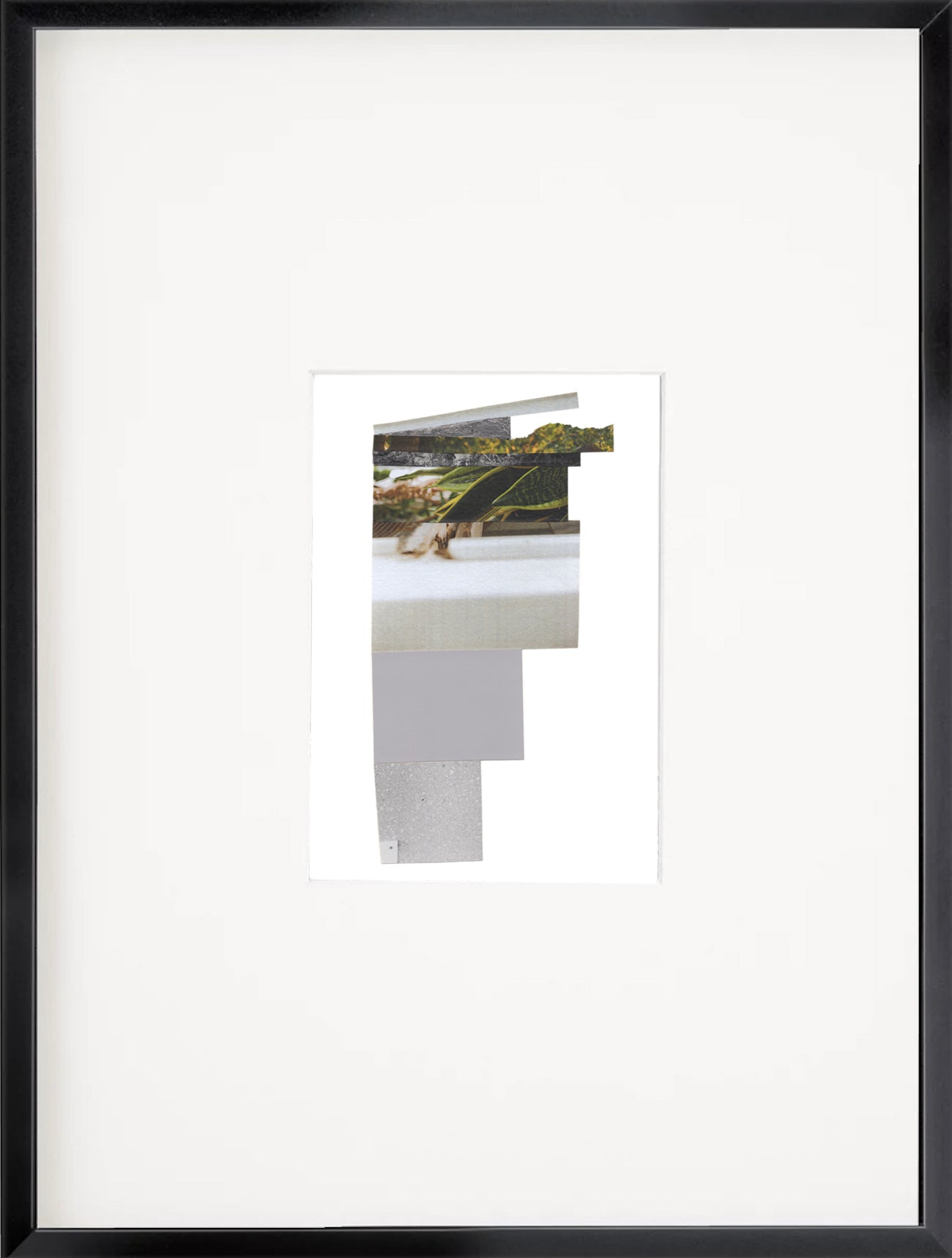 A vertical abstract photo collage with soft hues of monochromatic grays and muted greens. This collage features choppy edges and snippets of imagery cascading down, narrowing as it goes. This piece combines photo fragments of leaves and softly blurred architectural imagery, with graphite mark-making and flat geometric shapes. 