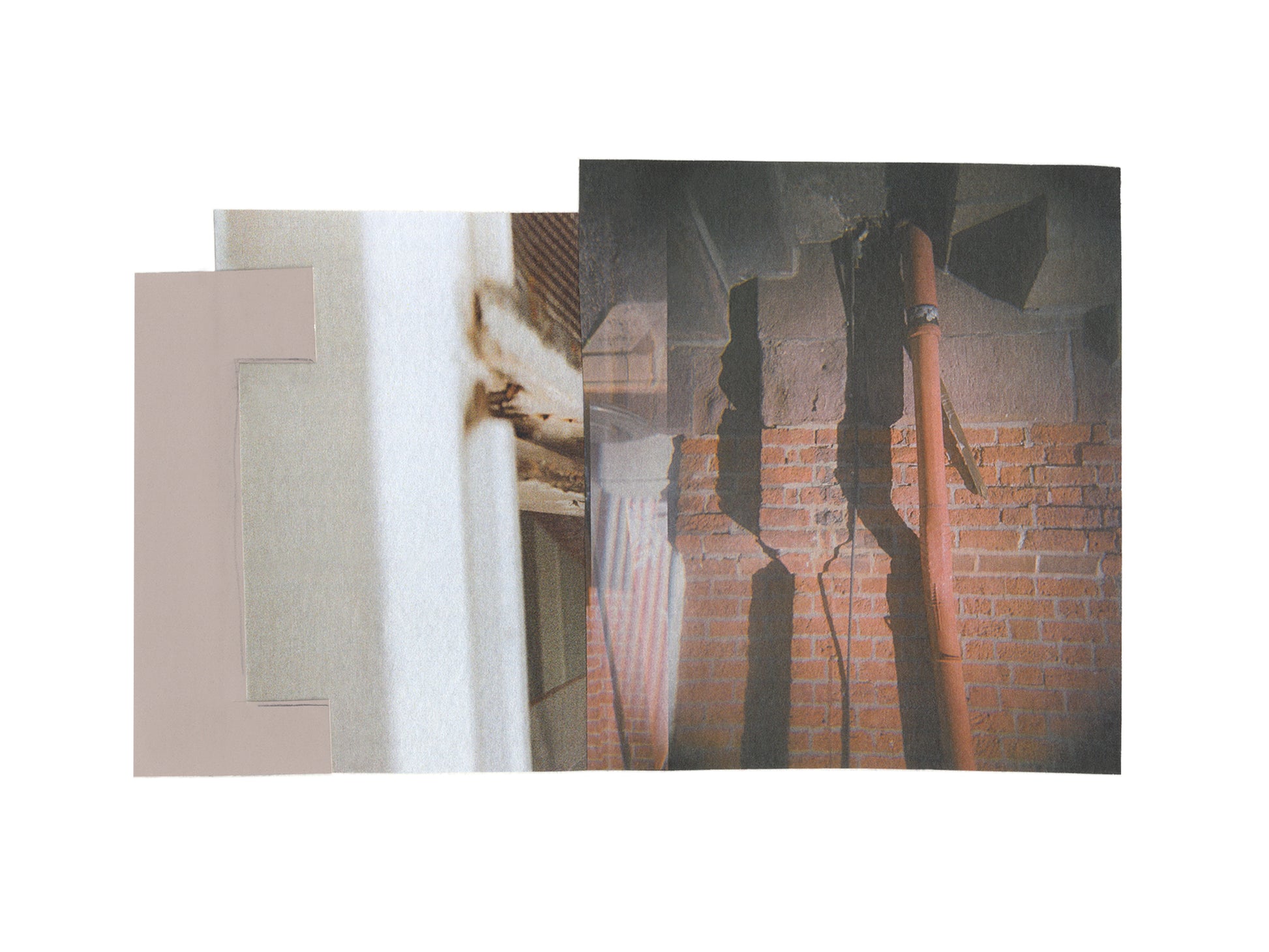 Abstract mixed media collage art with layered geometric shapes and shadows in neutral tones.