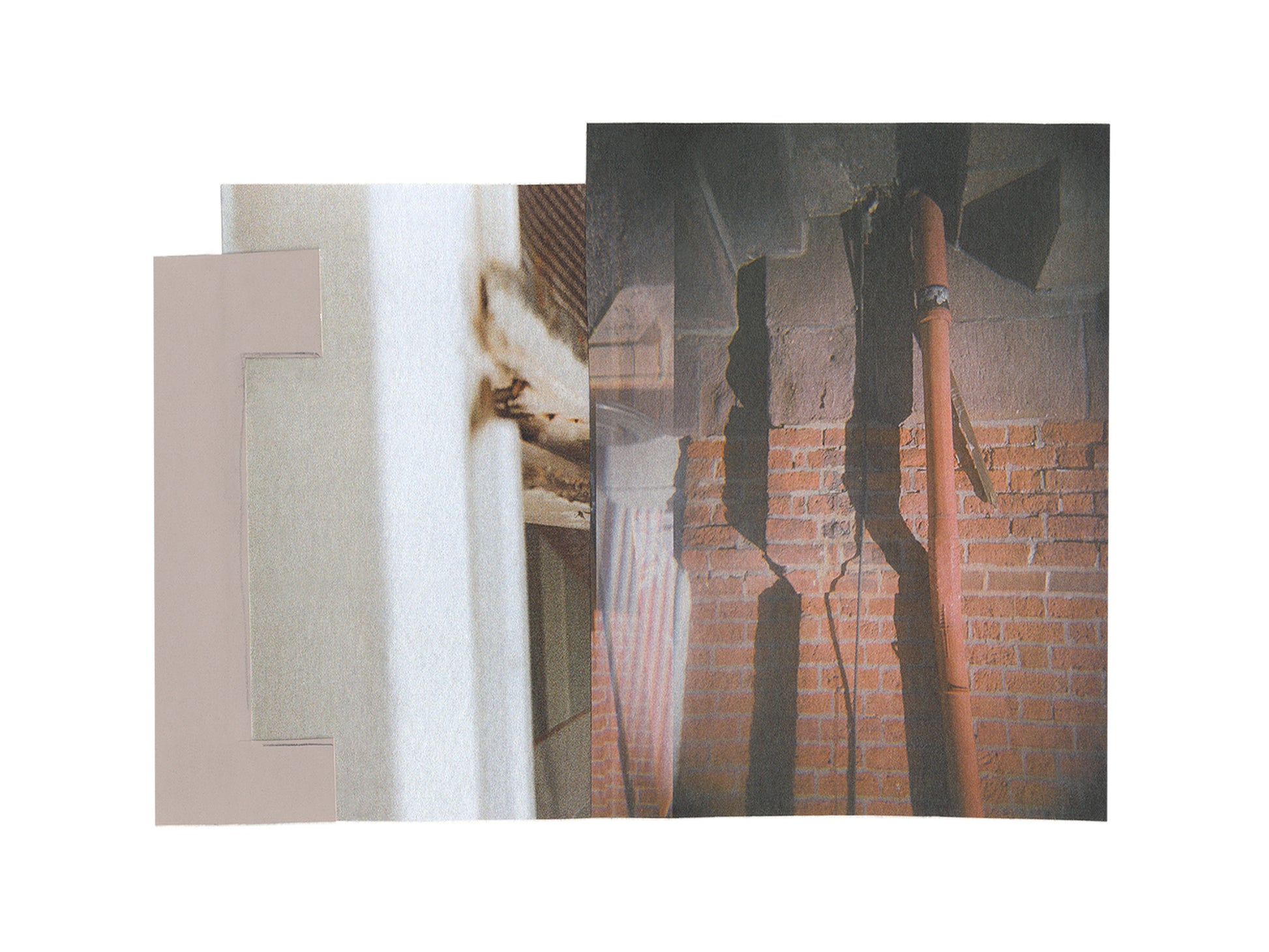 Abstract mixed media collage art with layered geometric shapes and shadows in neutral tones.