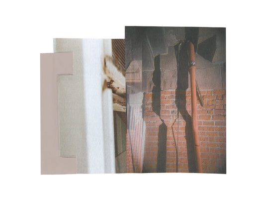 Abstract mixed media collage art with layered geometric shapes and shadows in neutral tones.