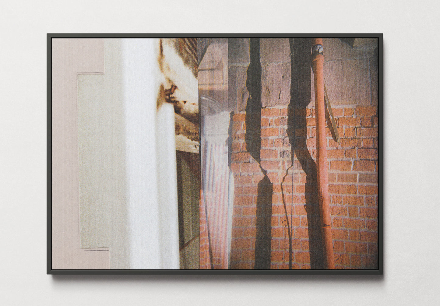 Framed canvas print of abstract collage art with geometric shapes and shadows in neutral tones.
