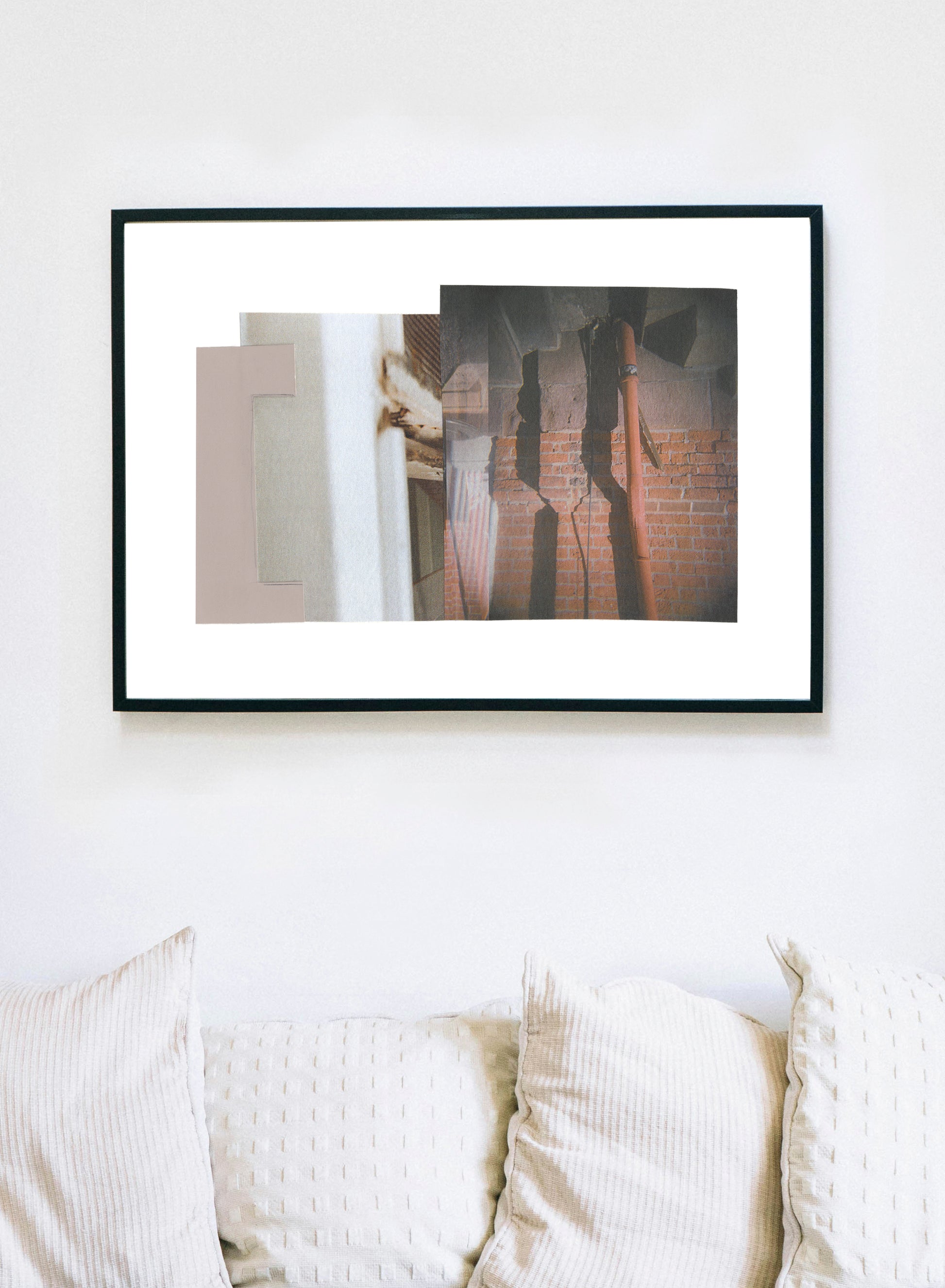 Framed abstract collage art with layered geometric shapes and shadows in neutral tones.