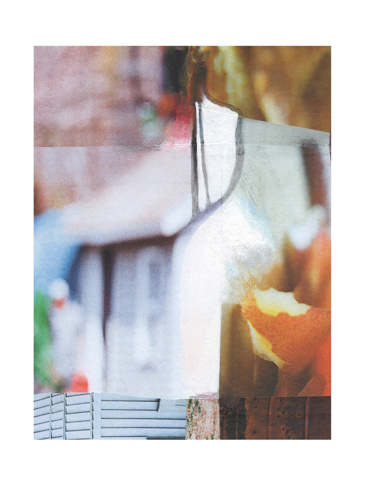 Colorful abstract photo and mixed media collage with orange, red, violet, white, blue, and green.