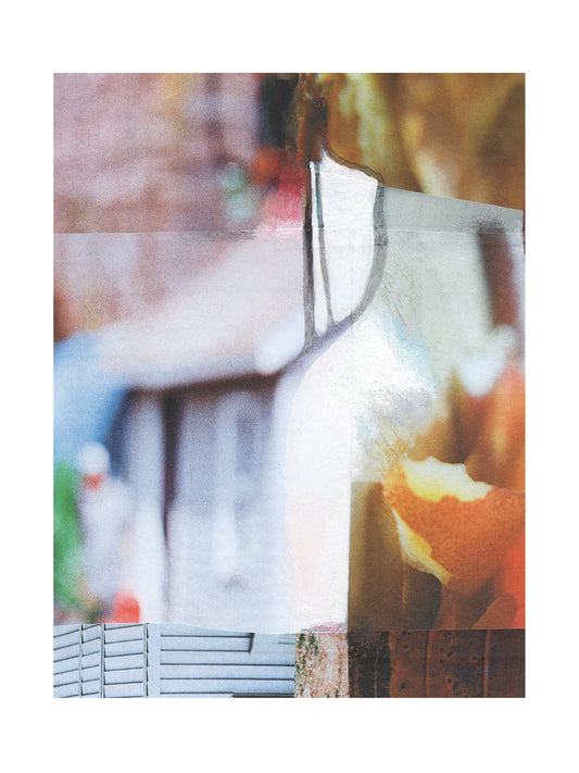 Colorful abstract photo and mixed media collage with orange, red, violet, white, blue, and green.