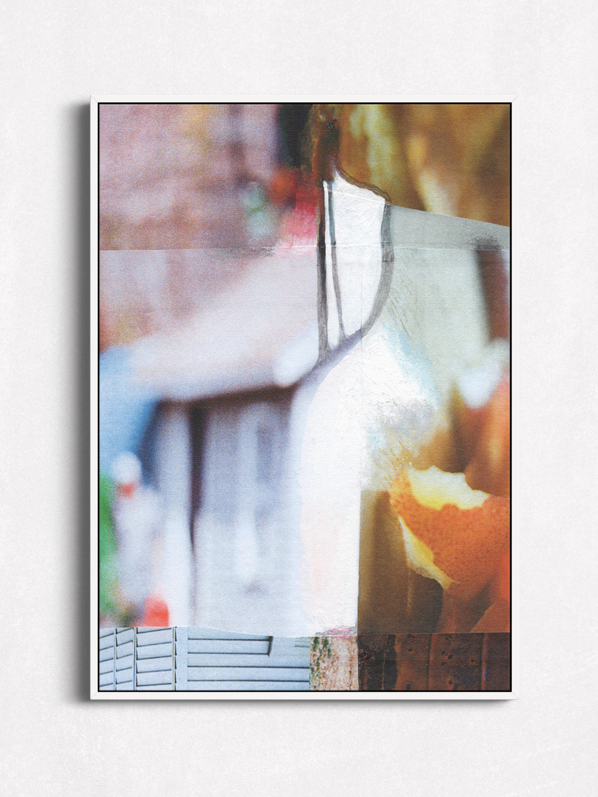 Art print in white floater frame — warm amber, cream, and blush tones with dark drip details