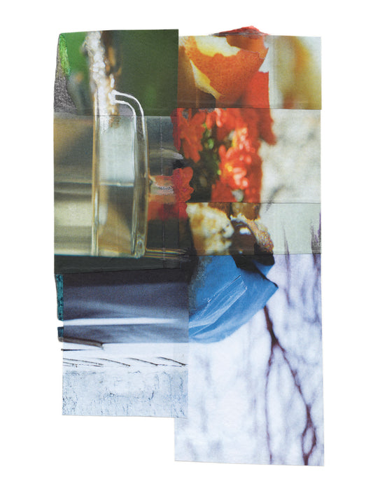 Colorful abstract collage with glass, flowers, and abstract patterns.