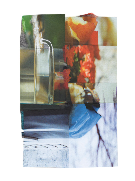 Colorful abstract collage with glass, flowers, and abstract patterns.
