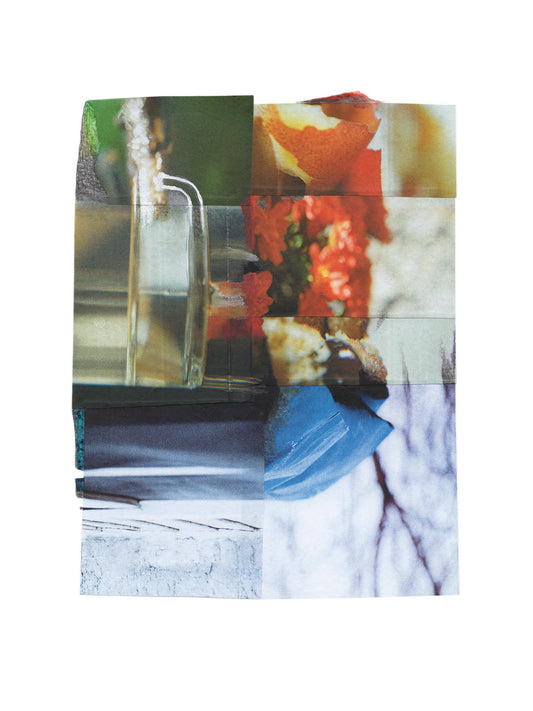 Colorful abstract collage with glass, flowers, and abstract patterns.