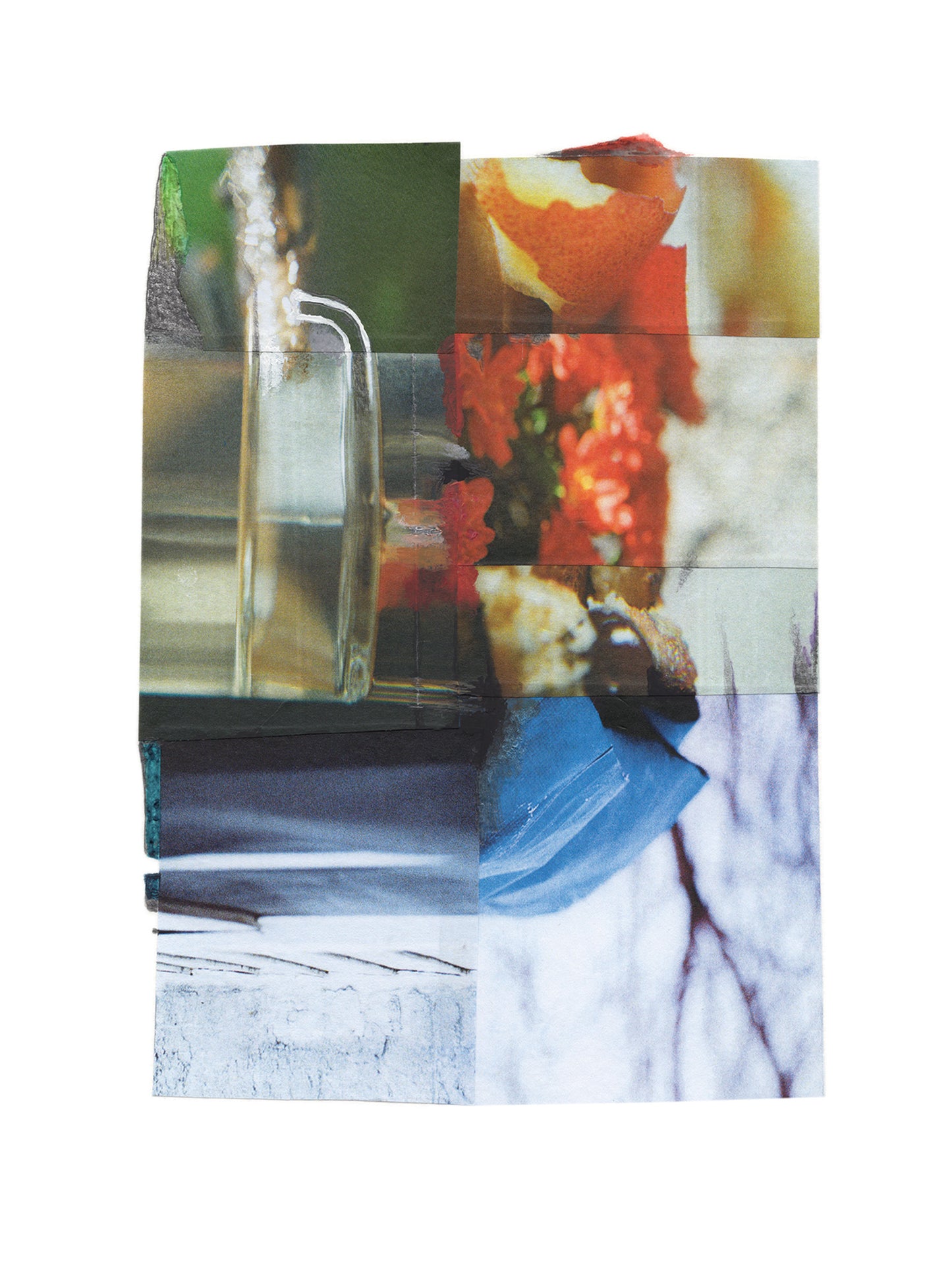Collage of various images including a bottle, flowers, and abstract patterns on a white background