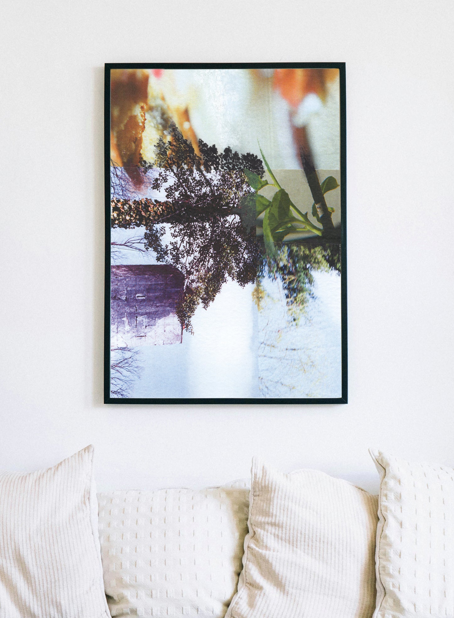 Framed canvas print of abstract mixed media collage with multi-color nature imagery.