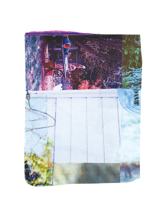 Abstract photo collage with pink, purple, white, and green tones.
