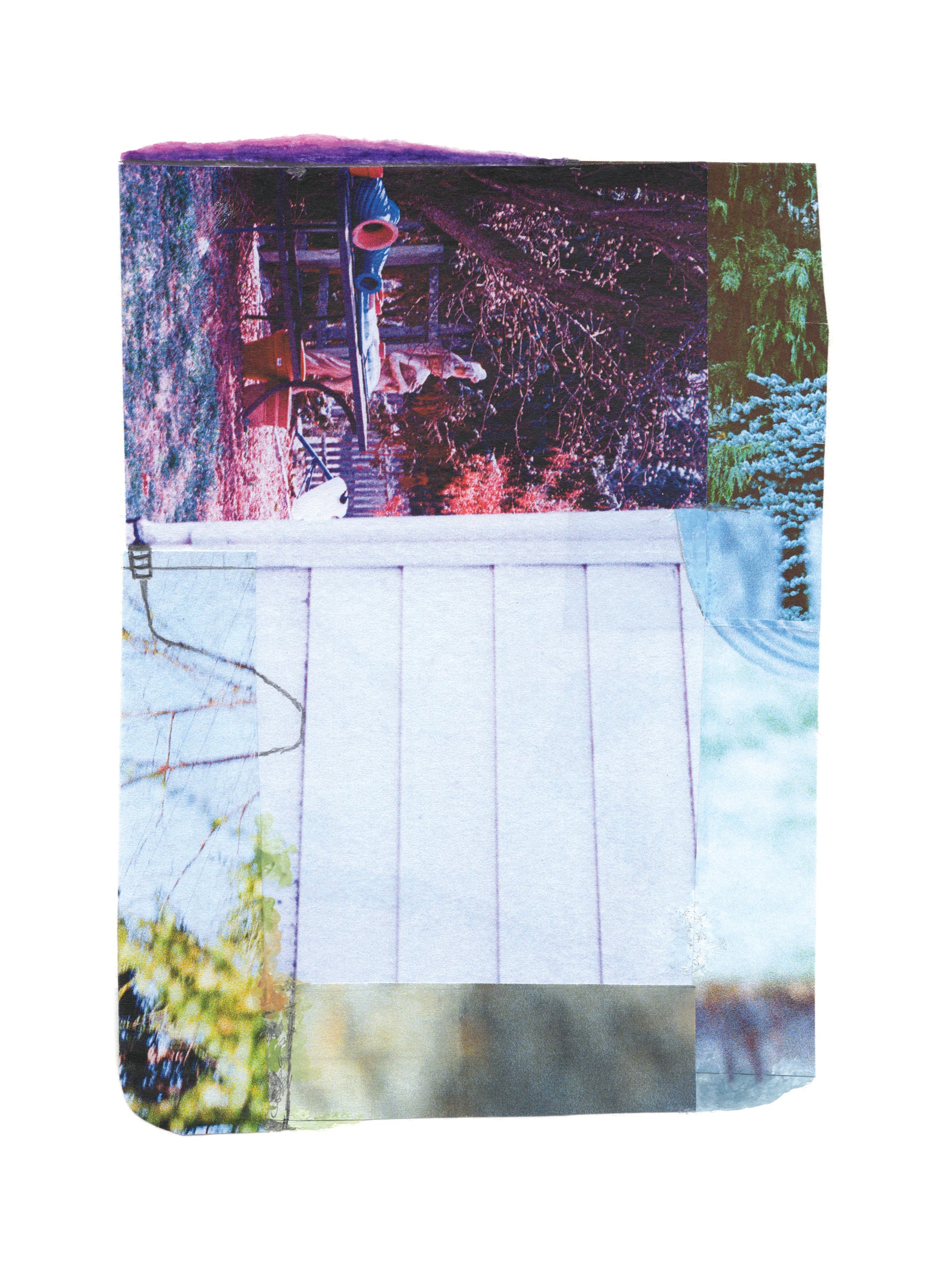 Abstract photo collage with pink, purple, white, and green tones.