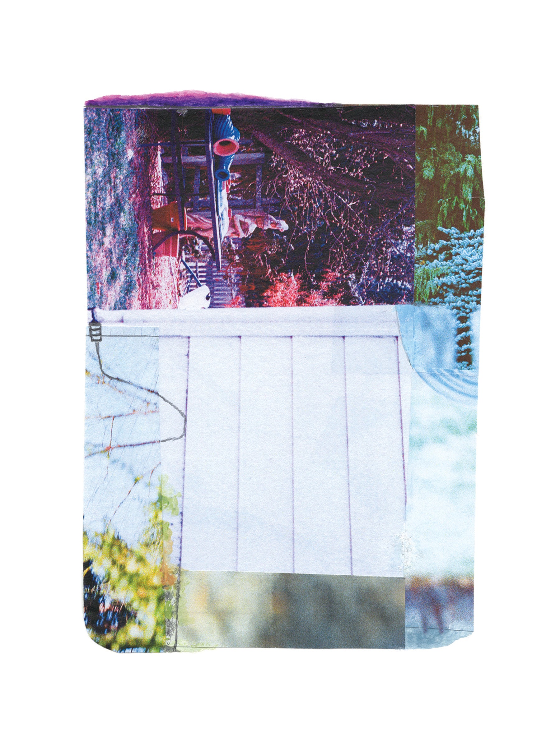 Abstract photo collage with pink, purple, white, and green tones.