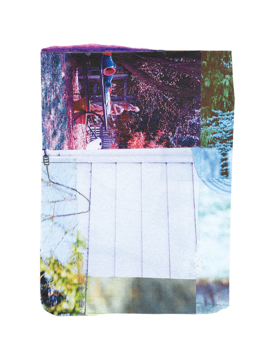 Abstract photo collage with pink, purple, white, and green tones.
