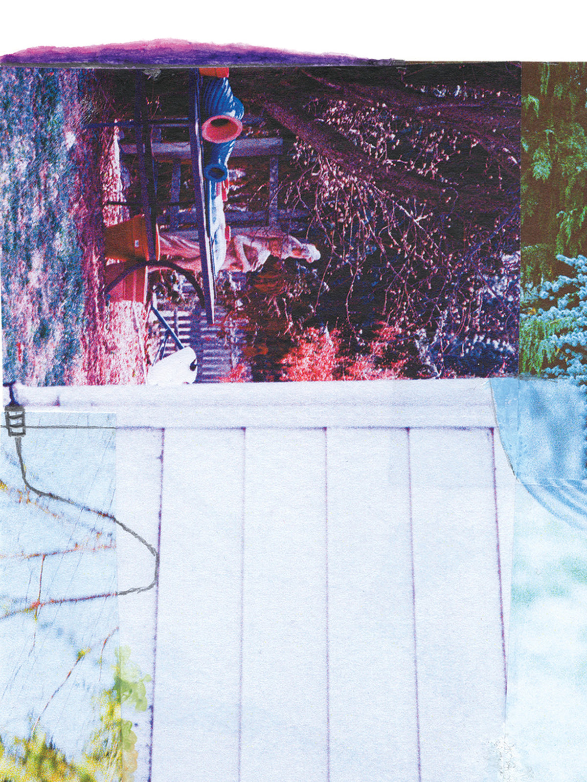 A close-up detail featuring a surreal collage of a house exterior, trees, and a figure in a blue outfit against a white paneled foreground.