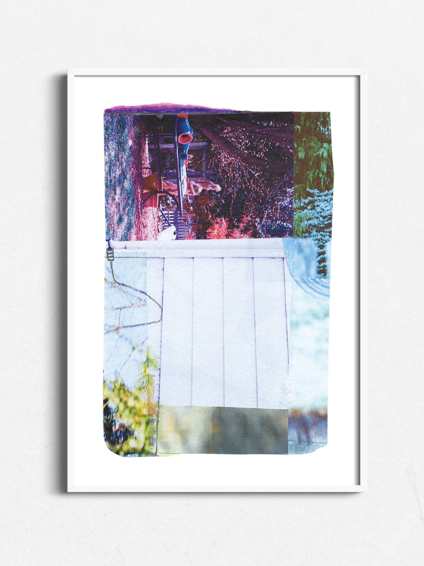 Abstract photo collage with pink, purple, white, and green tones in a white frame.