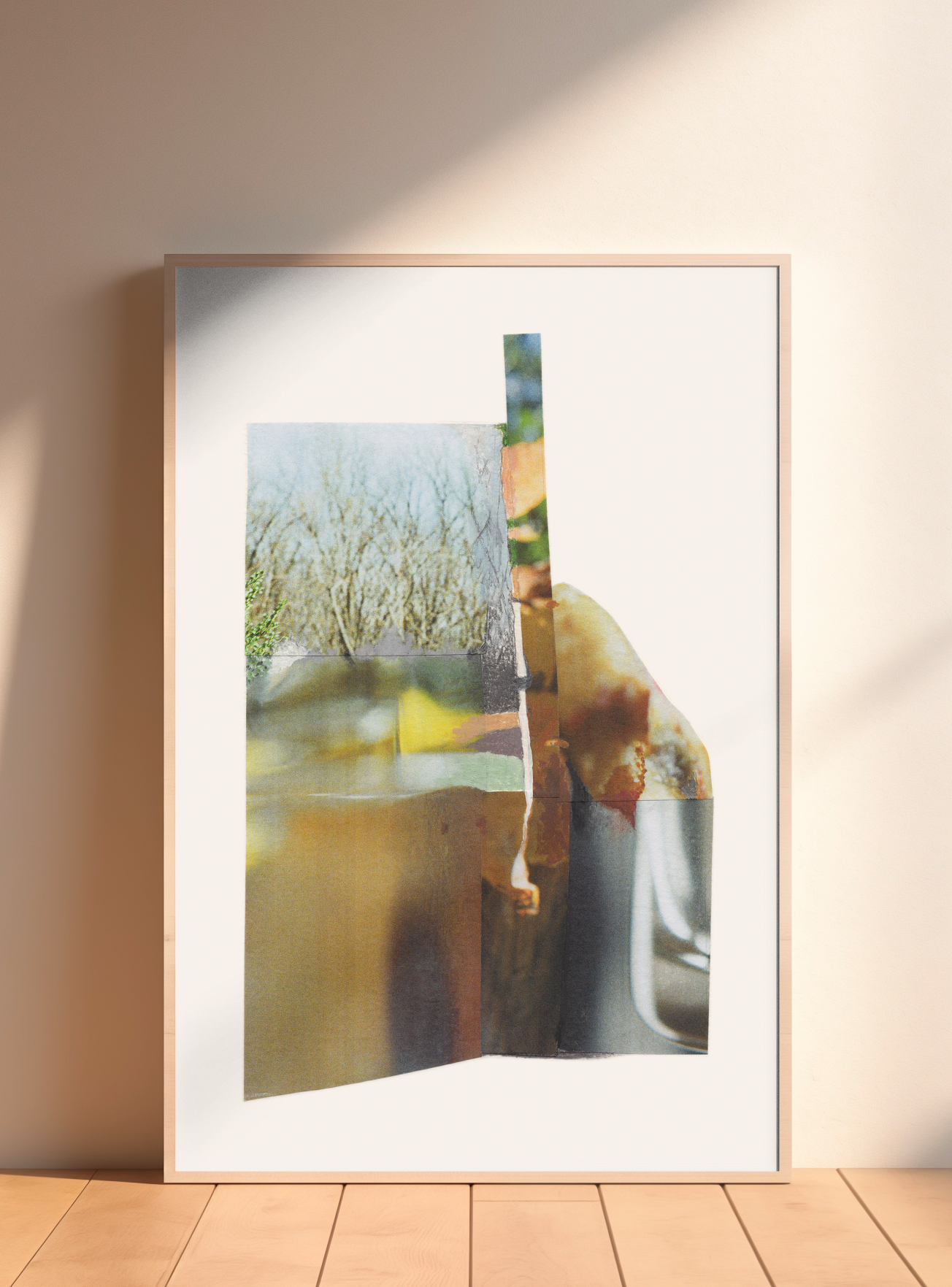 Dreamlike botanical photo collage with organic edges and earth tones in a wood frame.