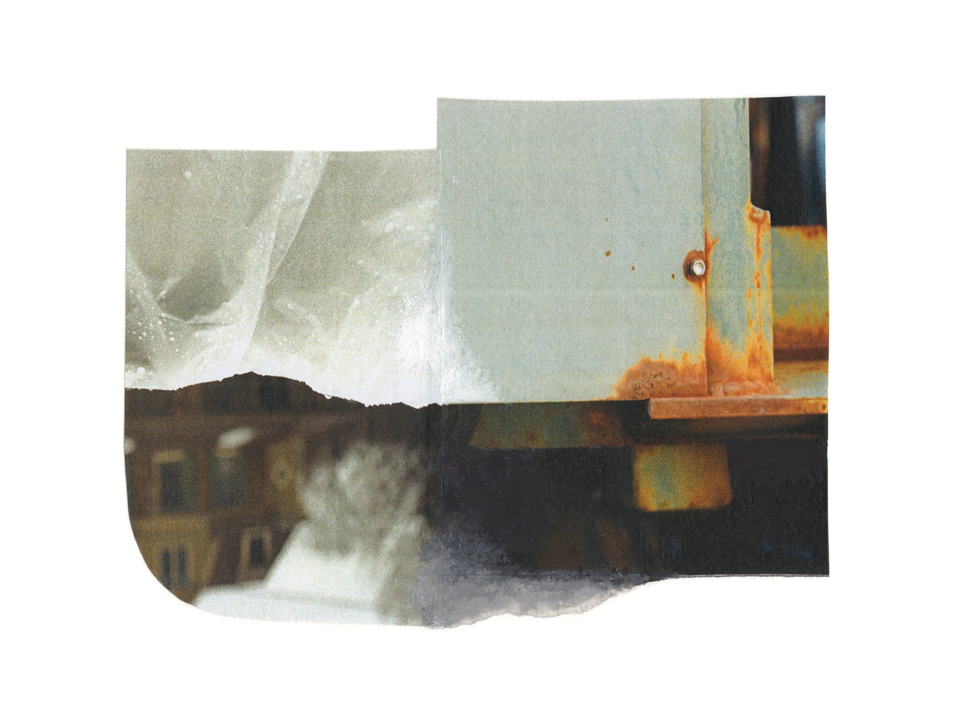 Abstract mixed media collage with neutral and amber tones.