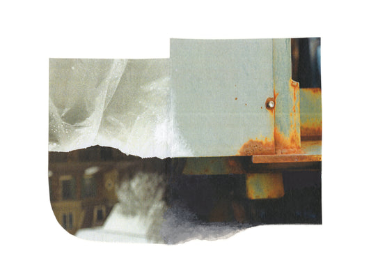 Abstract mixed media collage with neutral and amber tones.