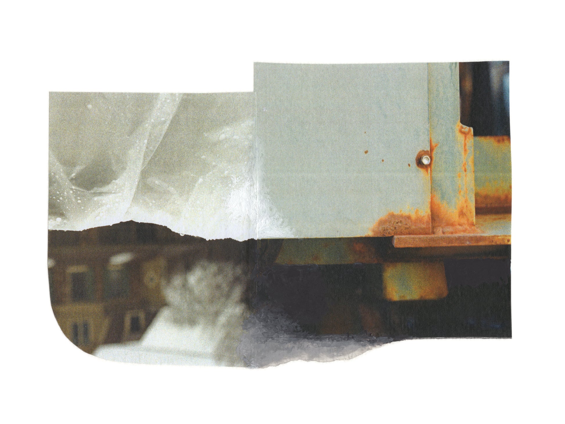 Abstract mixed media collage with neutral and amber tones.