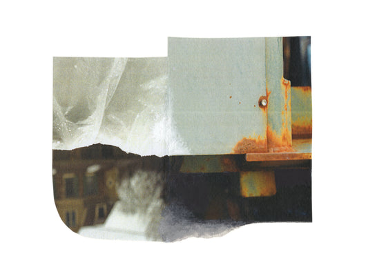 Abstract mixed media collage with neutral and amber tones.