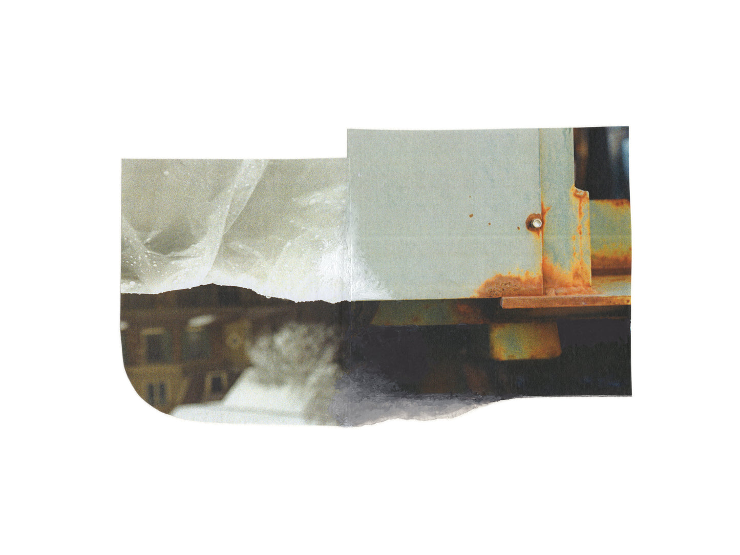 Abstract photo collage with layered architectural fragments in soft sage green, muted gray, and warm rust tones with geometric compositions.